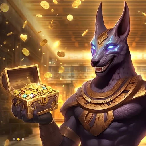 Anubis with blue glowing eyes holding an open treasure chest filled with gold coins.