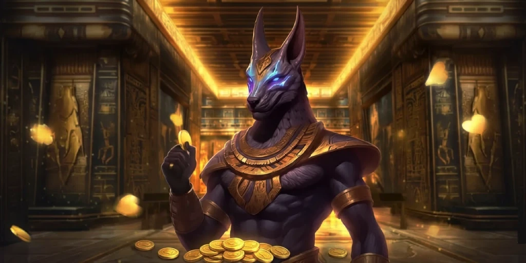 Anthropomorphic Anubis character holding a gold coin in a temple setting.