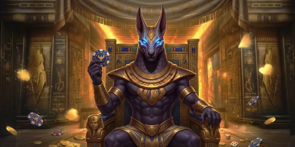 Anubis sitting on a golden pharaoh throne holding a casino chip in an Egyptian temple.