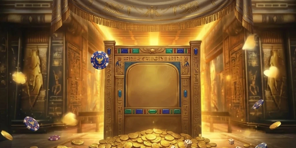 Ancient Egyptian style gold throne in a temple interior with gold coins, floating casino chips, and dice.